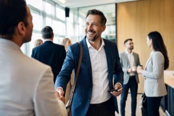 Male founder in his forties networking and taking notes while on the move