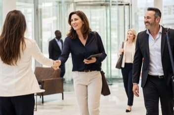 Female sales professional in her forties meeting people and taking notes
